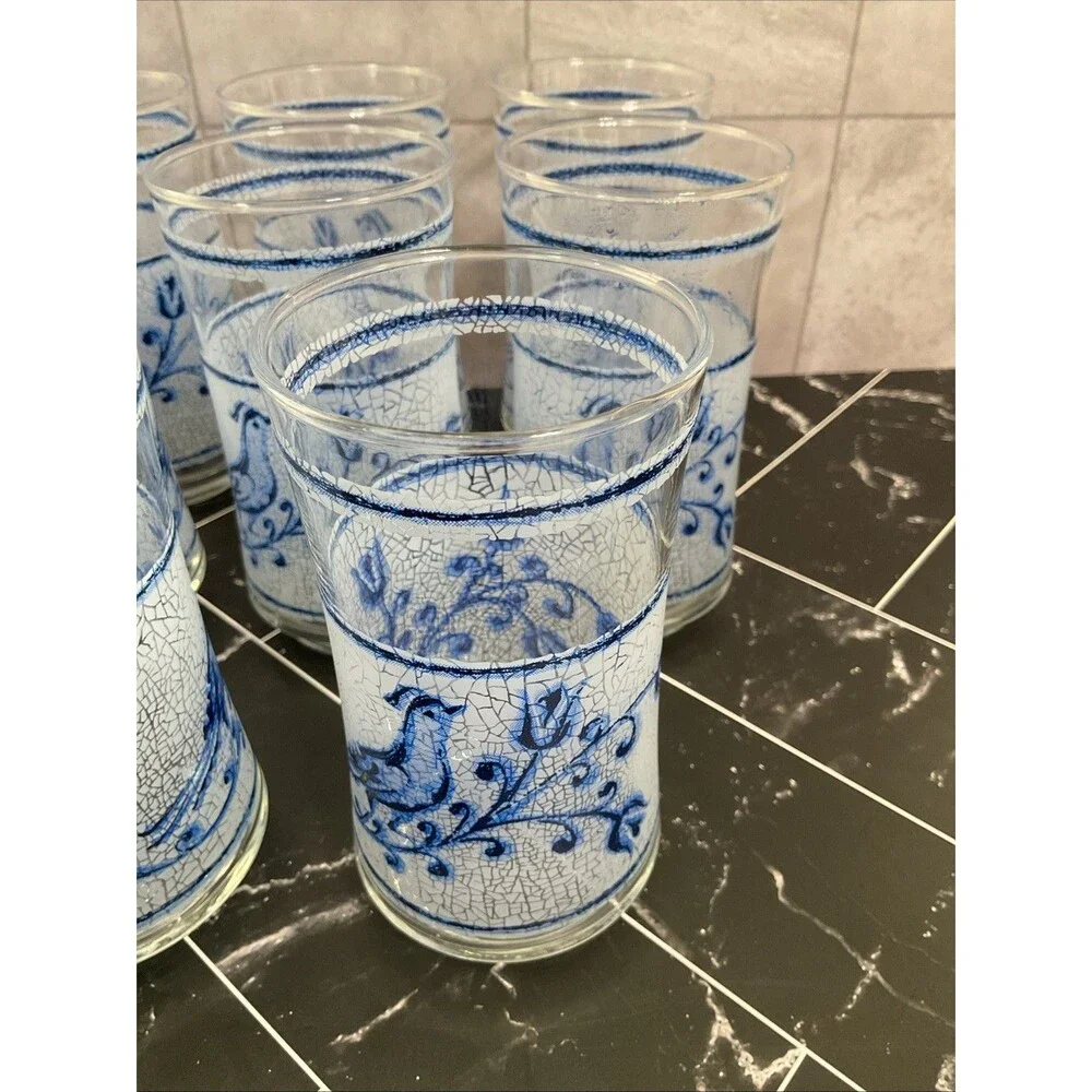 Libbey 10 oz glasses Frosted Blue bird and flower 5.25” X 2.50” Set of 11